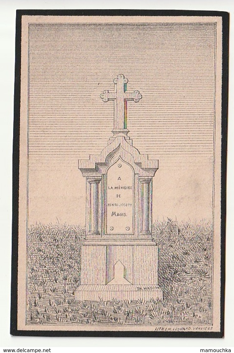 Décès Sur Carton Henri-Joseph MAGIS Veuf Anne-Thérèse Nicolet Heusy 1887 Lith. L.M. Leonard Verviers - Images Religieuses