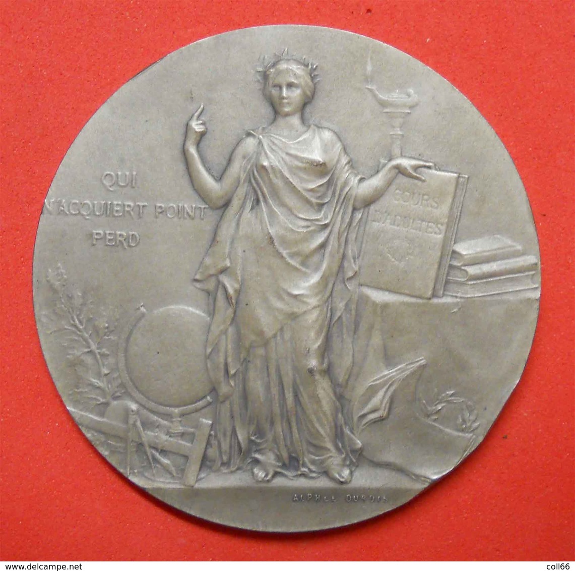 1908 Médaille Cours Jules Oudet Instituteur 66 St Laurent Salanque/ Alphée Dubois Instruction Publique Diam 5cm 59gr Ag - Autres & Non Classés