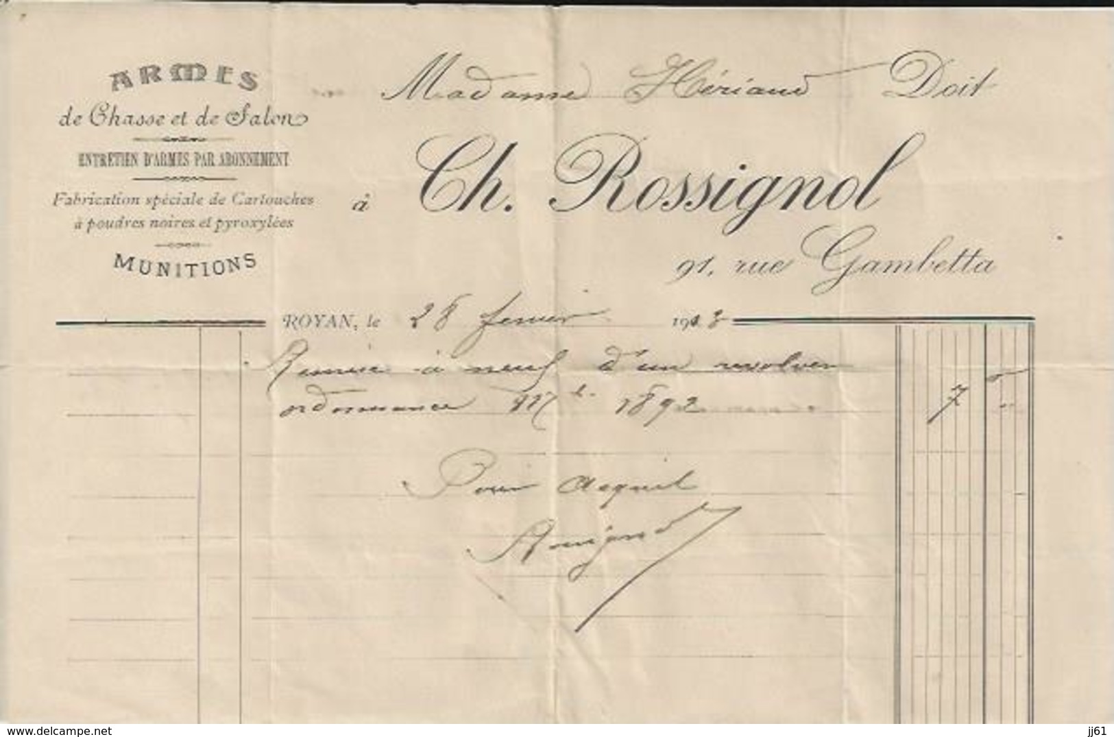 ROYAN CH ROSSIGNOL ARMES DE CHASSE ET SALON MUNITIONS FABRICATION DE CARTOUCHES A POUDRES NOIRES PYROXYLEES ANNEE 1913 - Autres & Non Classés