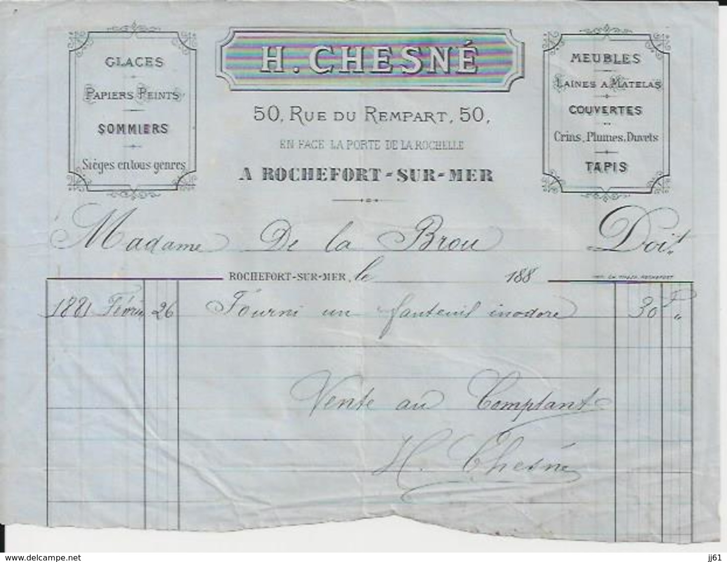 ROCHEFORT SUR MER H CHESNE GLACES SOMMIERS SIEGES CRINS PLUMES DUVETS TAPIS PAPIERS PEINTS ANNEE 1881 - Autres & Non Classés