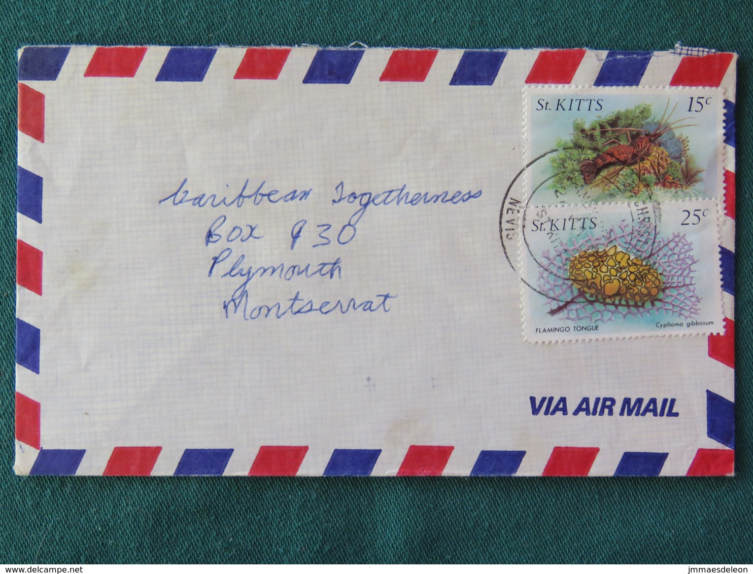 St. Kitts Cover To Montserrat - Marine Animals Shrimp Coral Flamingo Tongue Sea Slug - St.Kitts-et-Nevis ( 1983-...)