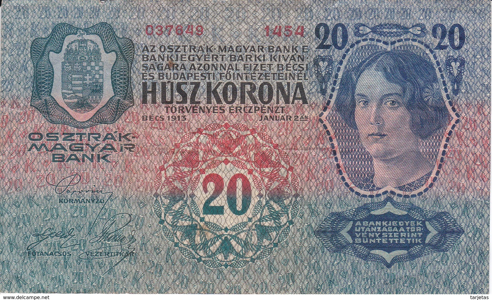 BILLETE DE HUNGRIA DE 20 KORONA DEL AÑO 1913 (BANKNOTE) - Hungría