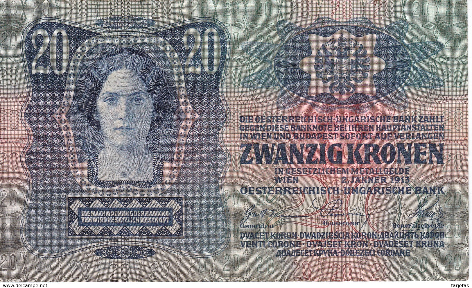 BILLETE DE HUNGRIA DE 20 KORONA DEL AÑO 1913 (BANKNOTE) - Hungría