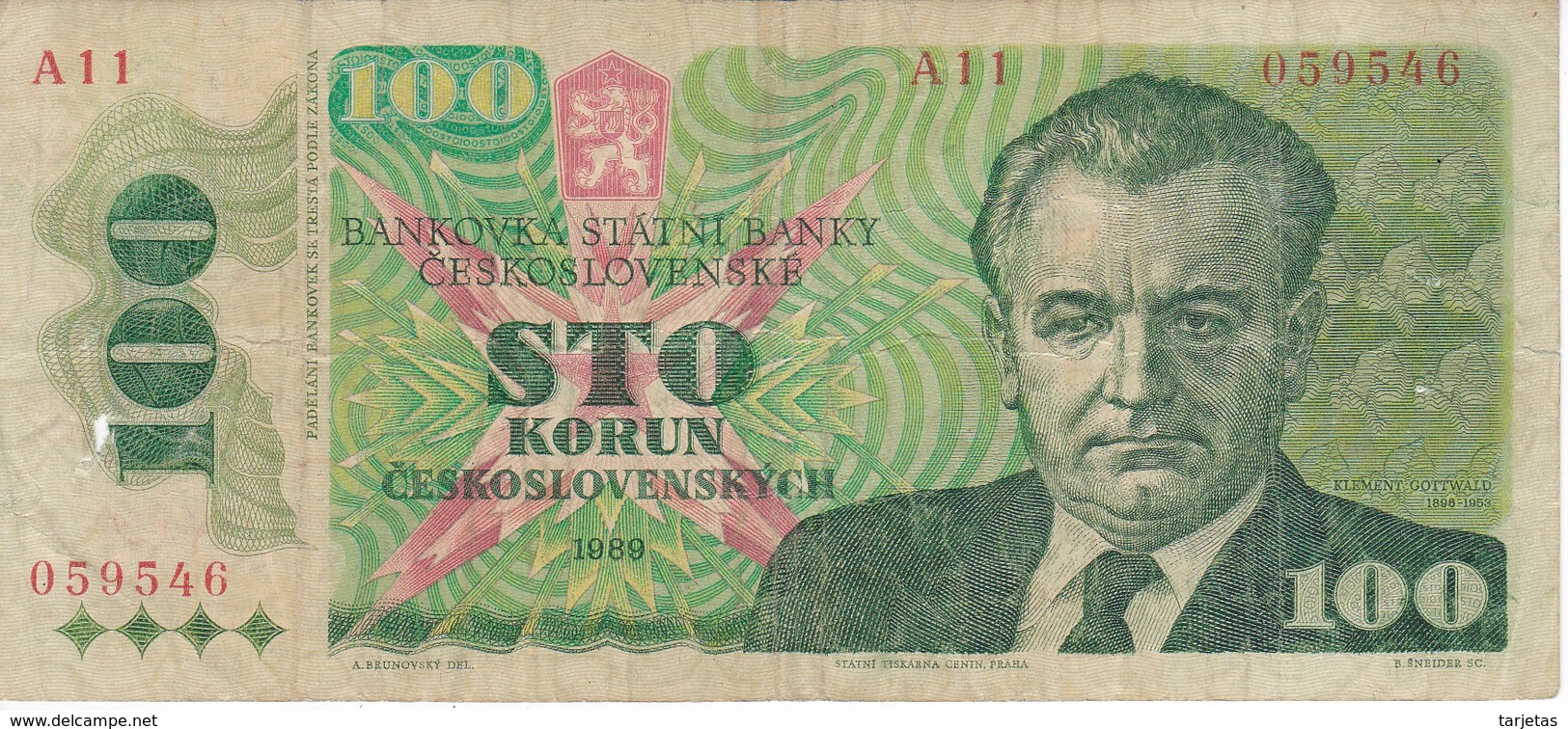 BILLETE DE CHECOSLOVAQUIA DE 100 KORUN DEL AÑO 1989   (BANKNOTE) - Checoslovaquia