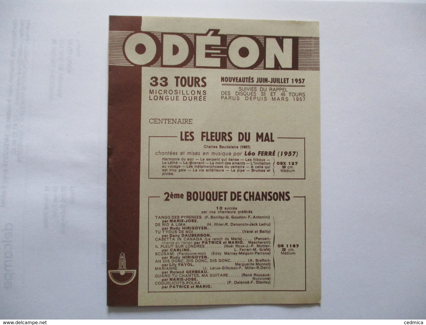 ODEON NOUVEAUTES JUIN-JUILLET 1957 33 TOURS SUIVIES DU RAPPEL DES 33 ET 45 TOURS PARUS DEPUIS MARS 12 PAGES - Autres & Non Classés