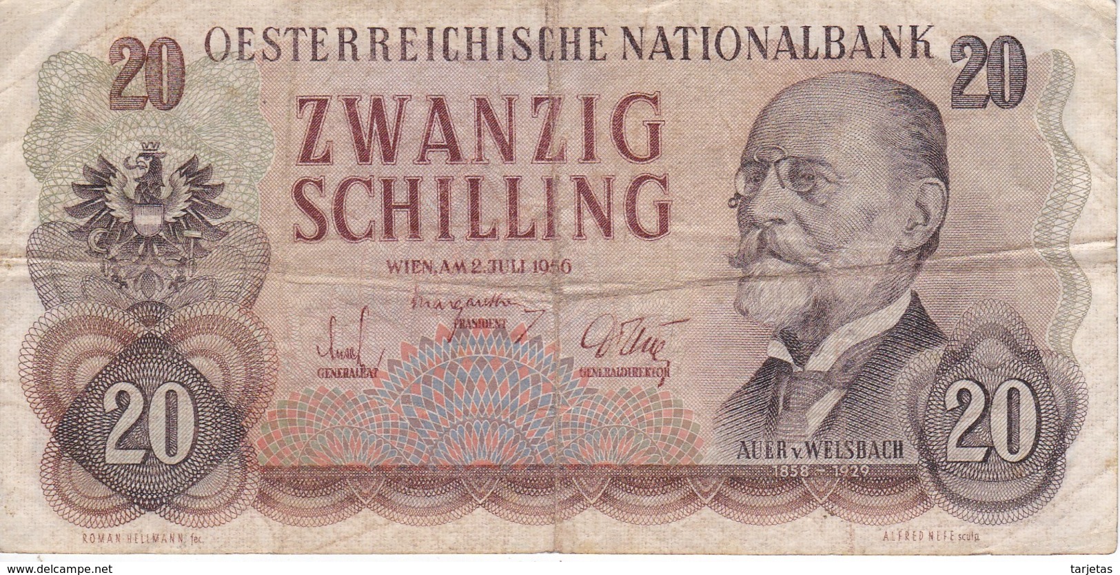 BILLETE DE AUSTRIA DE 20 SCHILLING DEL AÑO 1956 (BANKNOTE-BANK NOTE) - Austria