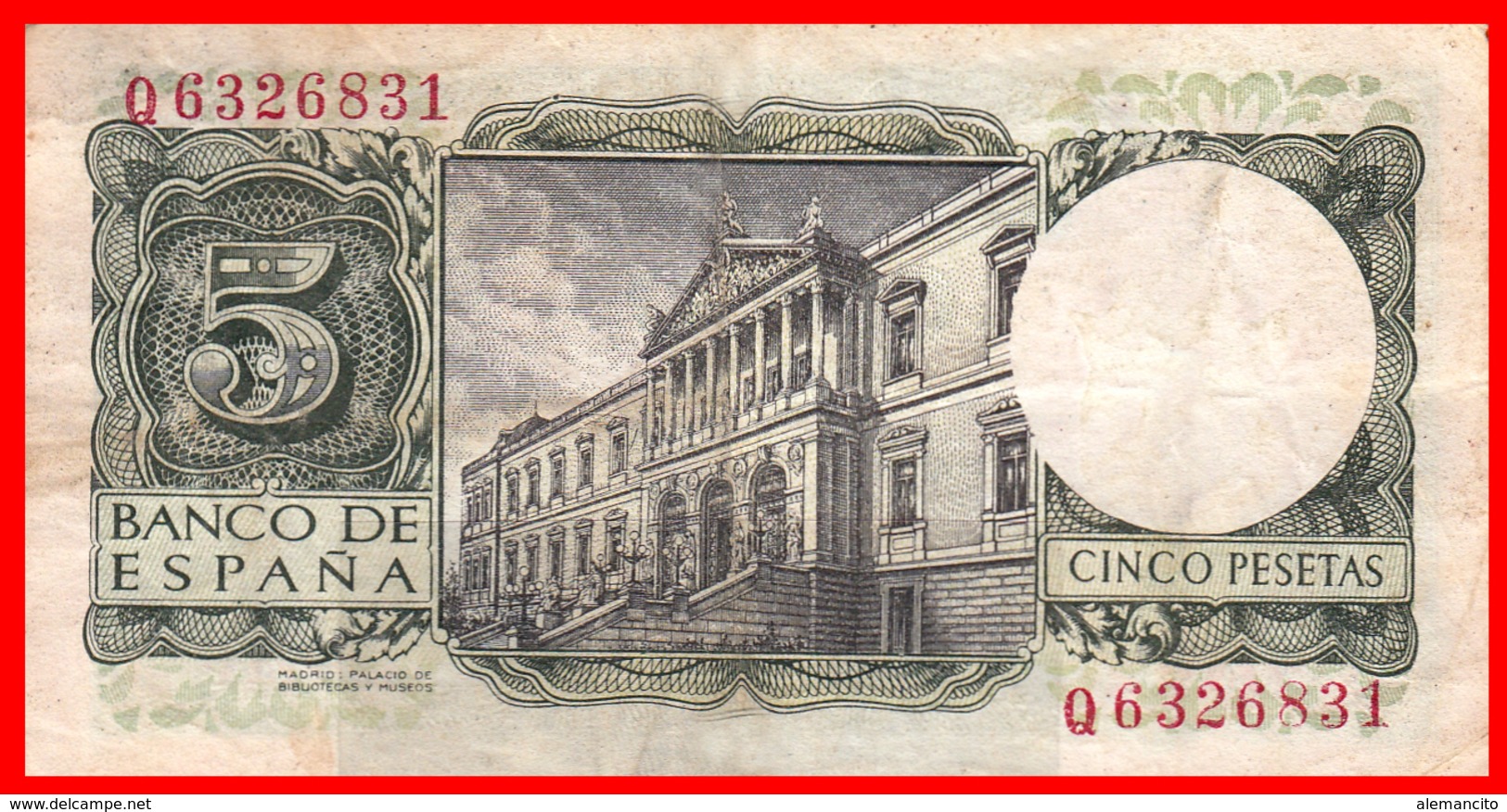 ESPAÑA BILLETE DE 5 PESETAS 22 DE JULIO DE 1954. SERIE ,, Q 6326831 ,, - 5 Pesetas