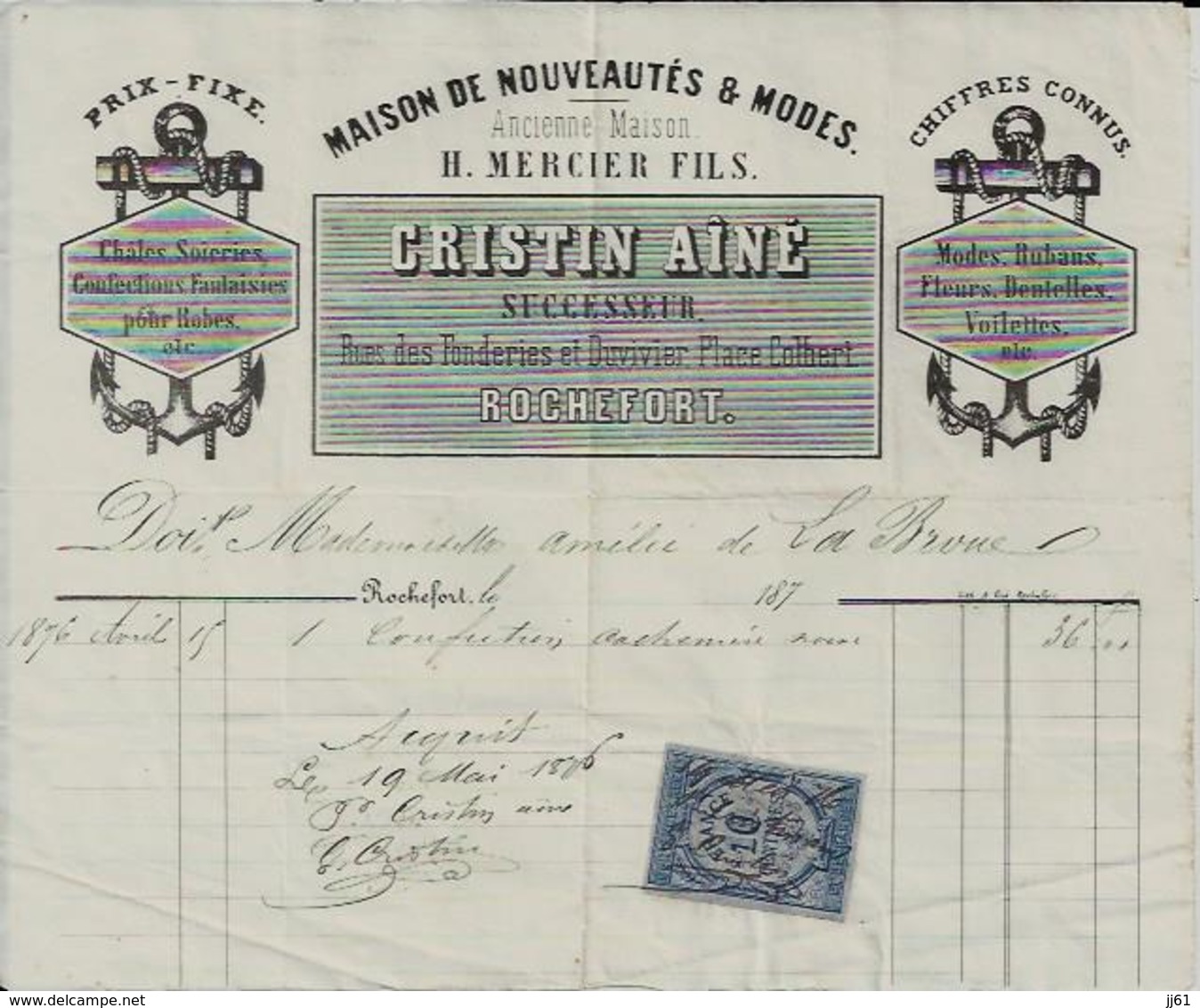 ROCHEFORT SUR MER CRISTIN AINE MAISON DE NOUVEAUTES MODES ANCIENNE MERCIER CHALES SOIERIE VOILETTES DENTELLES ANNEE 1876 - Autres & Non Classés