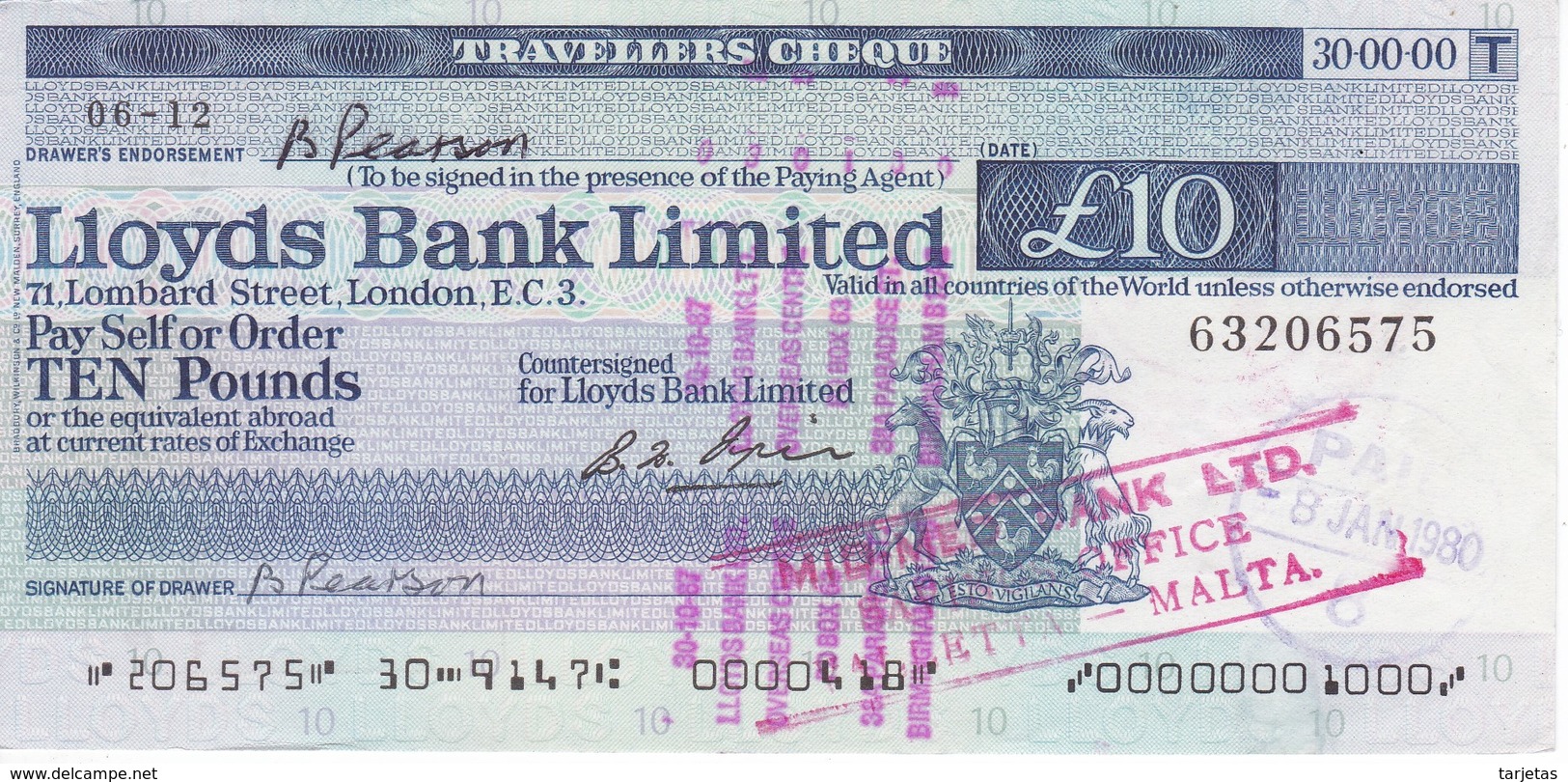 TRAVELLERS CHEQUE LLOYDS BANK 10 POUNDS YEAR 1979 - MALTA - Otros & Sin Clasificación