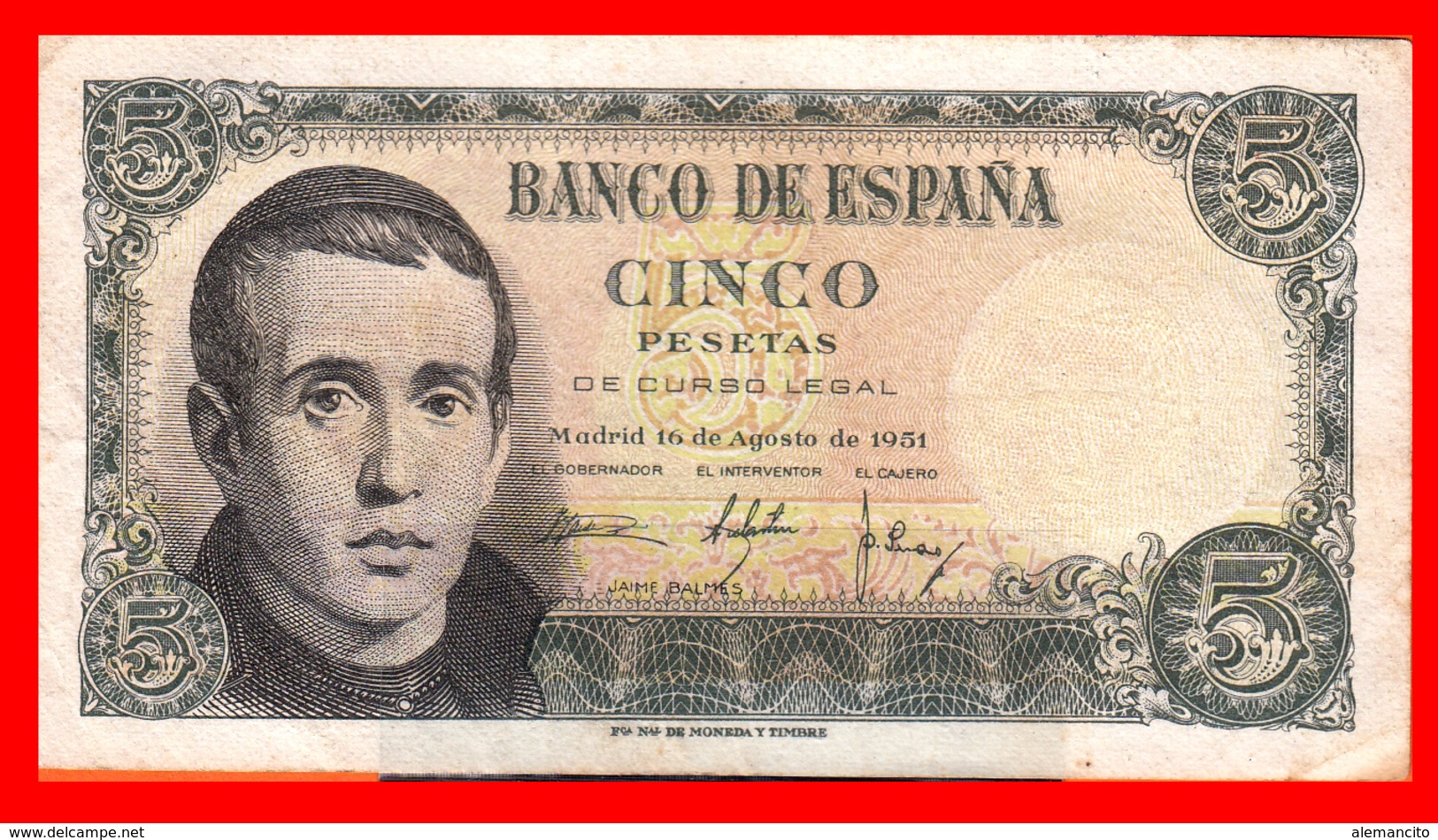 ESPAÑA BILLETE DE 5 PESETAS 16 DE AGOSTO DE 1951. SERIE ,, C 5769371 ,, - 5 Peseten