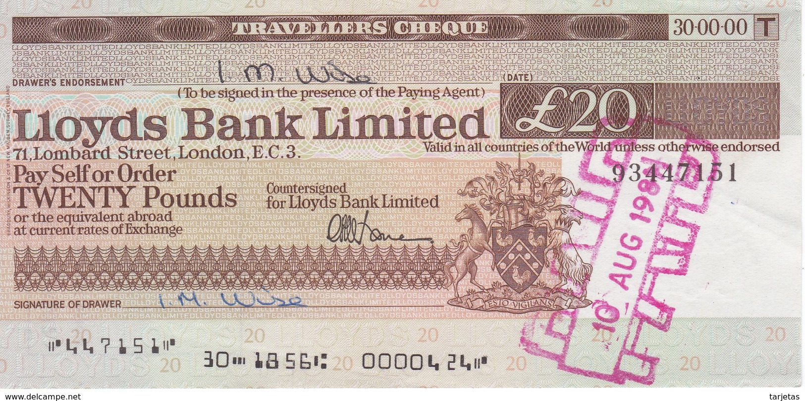 TRAVELLERS CHEQUE LLOYDS BANK 20 POUNDS AÑO 1981 - Altri & Non Classificati