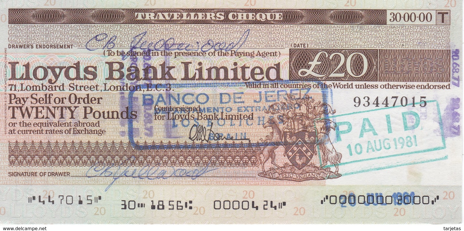 TRAVELLERS CHEQUE LLOYDS BANK 20 POUNDS AÑO 1981 - BANCO DE JEREZ - Andere & Zonder Classificatie