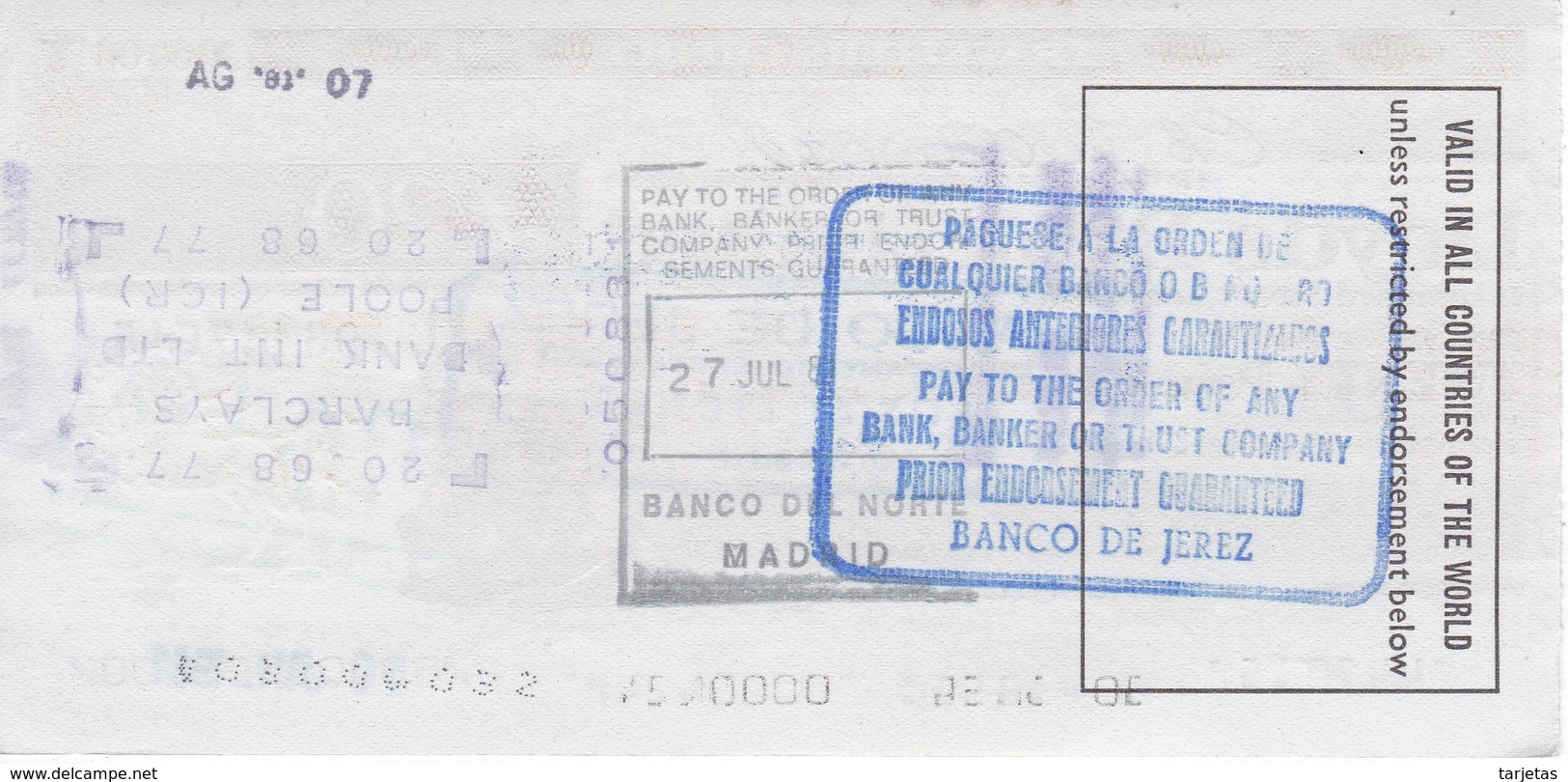 TRAVELLERS CHEQUE LLOYDS BANK 20 POUNDS AÑO 1981 - BANCO DE JEREZ - Altri & Non Classificati