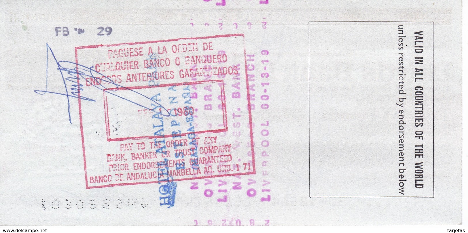 TRAVELLERS CHEQUE LLOYDS BANK 20 POUNDS AÑO 1980 - HOTEL ATALAYA - Otros & Sin Clasificación