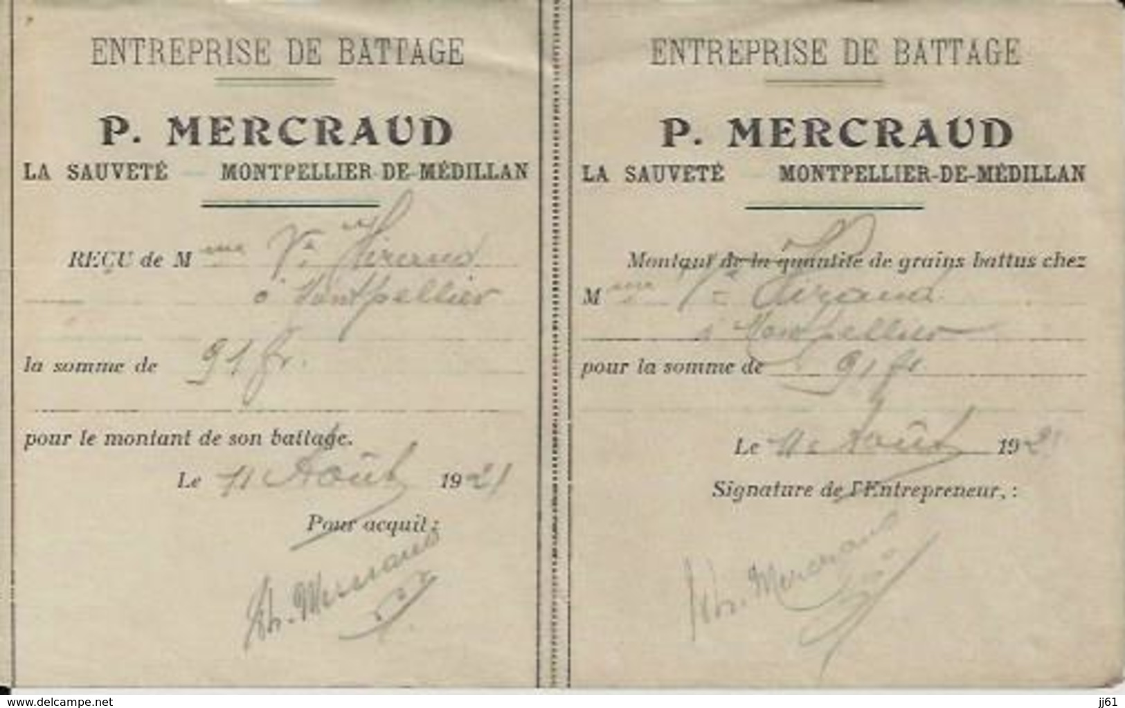 MONTPELLIER DE MEDILLAN P MERCRAUD ENTREPRISE DE BATTAGE A LA SAUVETE RECU DOUBLE ANNEE 1921 - Autres & Non Classés