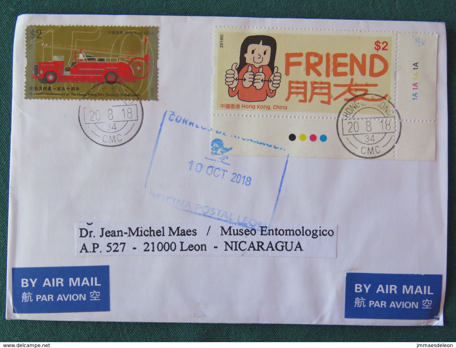 Hong Kong 2018 Cover To Nicaragua - Friend (braille Written) - Firemen Truck - Lettres & Documents