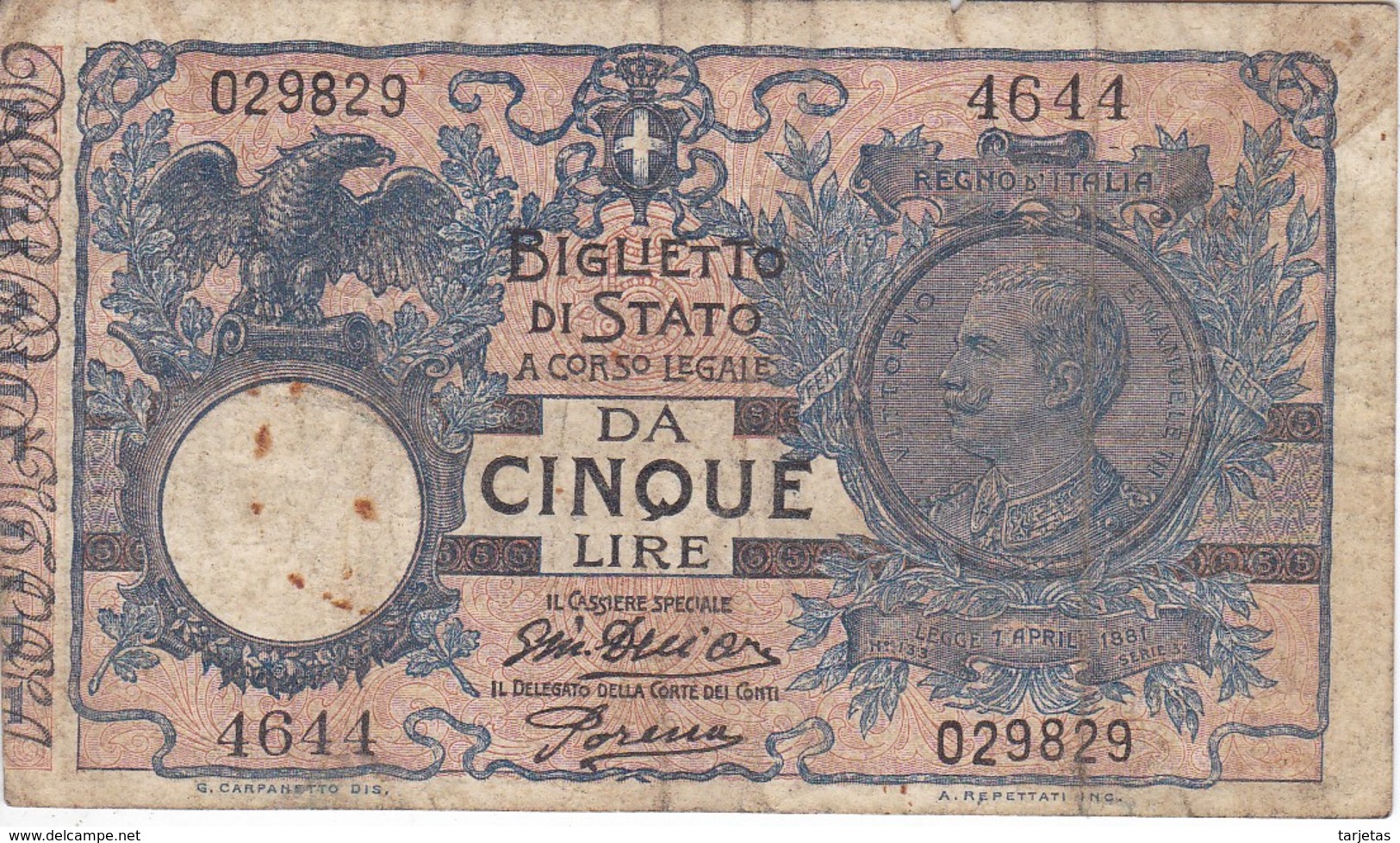 BILLETE DE ITALIA DE 5 LIRAS DEL AÑO 1904 -VITORIO EMANUELE III  (BANKNOTE) FIRMAS RARAS - Italia – 5 Lire