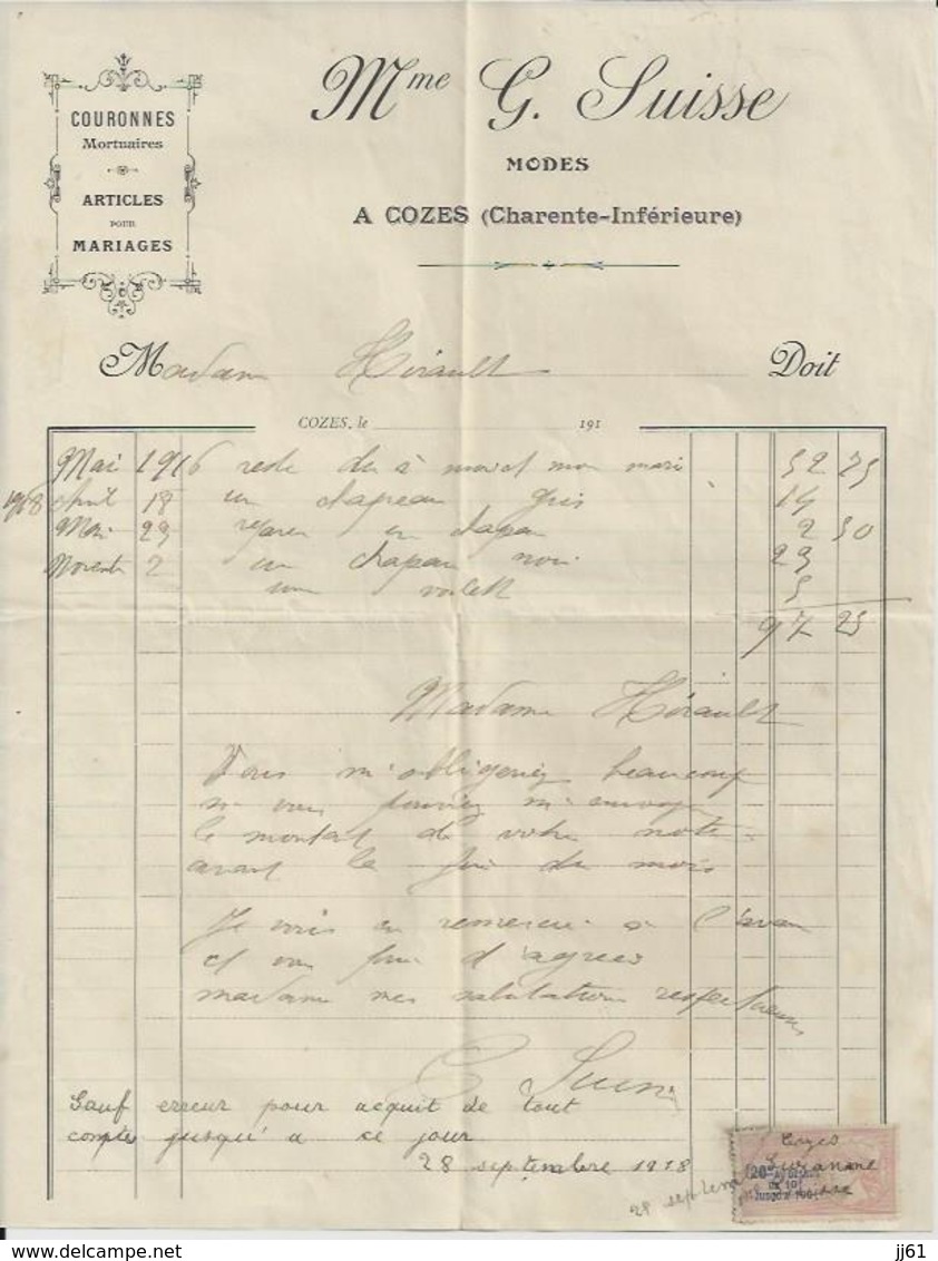 COZES MME G SUISSE MODES COURONNES MORTUAIRES ARTICLES POUR MARIAGES ANNEE 1918 - Autres & Non Classés