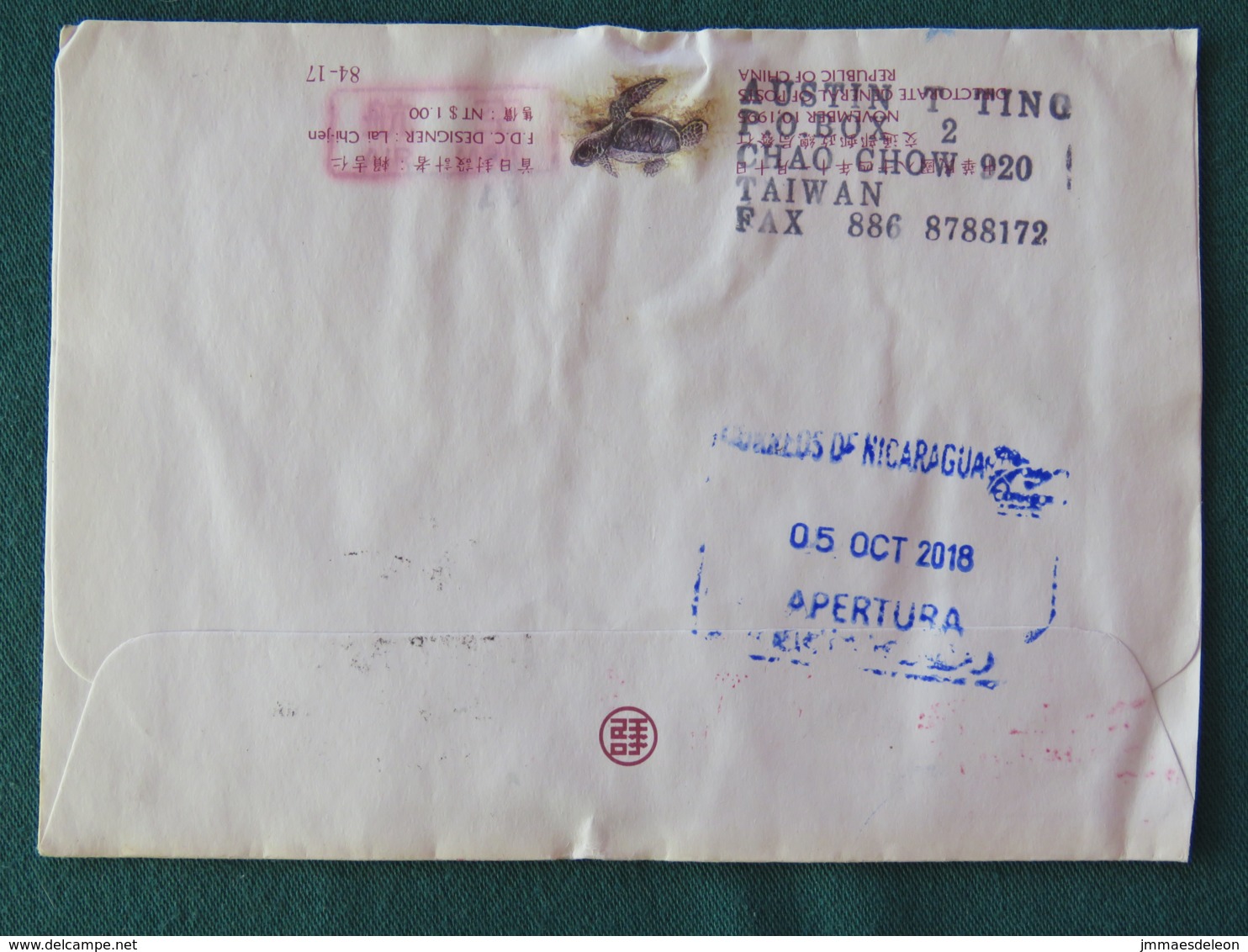 Taiwan 2018 Cover To Nicaragua - Shark S.s. - Cover Has Been Wet On The Travel - Lettres & Documents