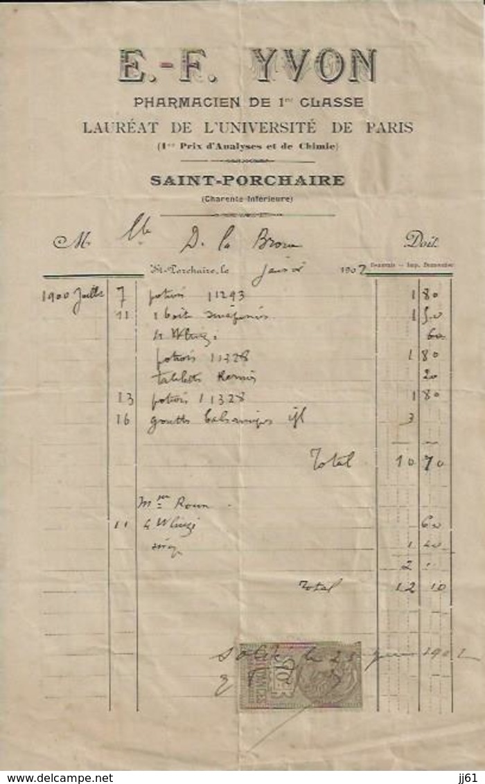 SAINT PORCHAIRE E F YVON PHARMACIEN DE 1 ER CLASSE LAUREAT DE L UNIVERSITE DE PARIS ANALYSES ET CHIMIE ANNE 1902 - Autres & Non Classés