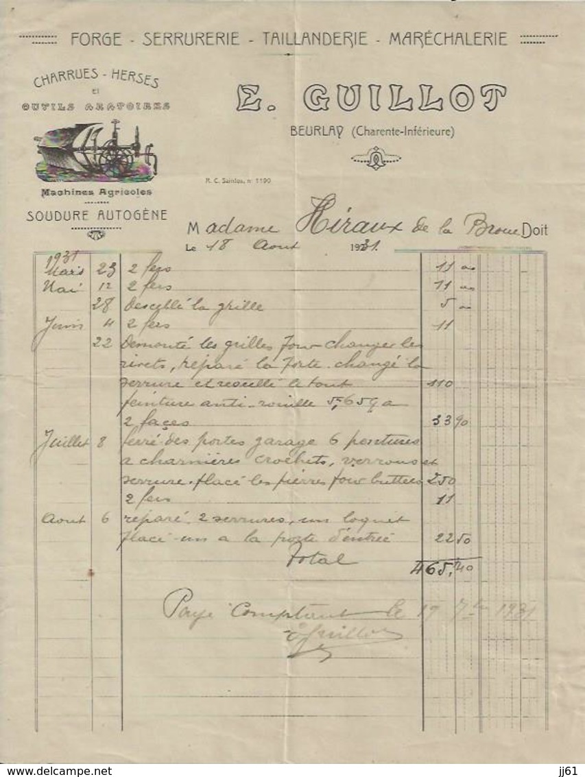 BEURLAY E GUILLOT FORGE SERRURERIE TAILLANDERIE MARECHALERIE CHARRUES HERSES OUTILS ORATOIRE SOUDURE AUTOGENE ANNEE 1931 - Autres & Non Classés