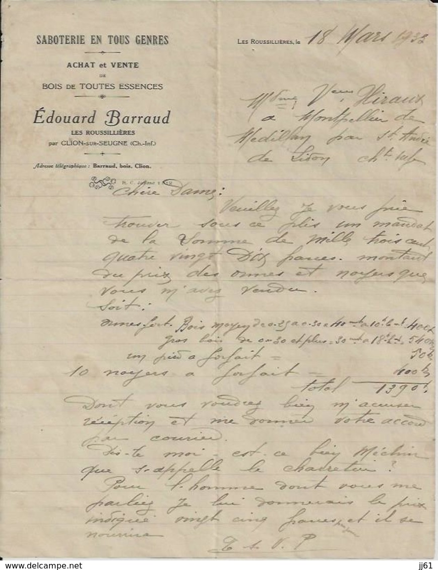 LES ROUSSILLIERES PAR CLION SUR SEUGNE EDOUARD BARRAUD SABOTERIE EN TOUS GENRES BOIS TOUTES ESSENCES ANNEE 1933 M HIRAUX - Autres & Non Classés