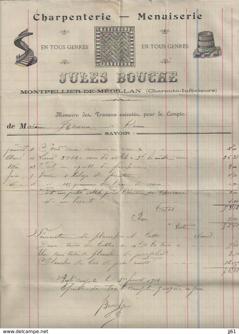 MONTPELLIER DE MEDILLAN CHARENTE INFERIEURE JULES BOUCHE CHARPENTERIE MENUISERIE EN TOUS GENRES ANNEE 1914 - Autres & Non Classés