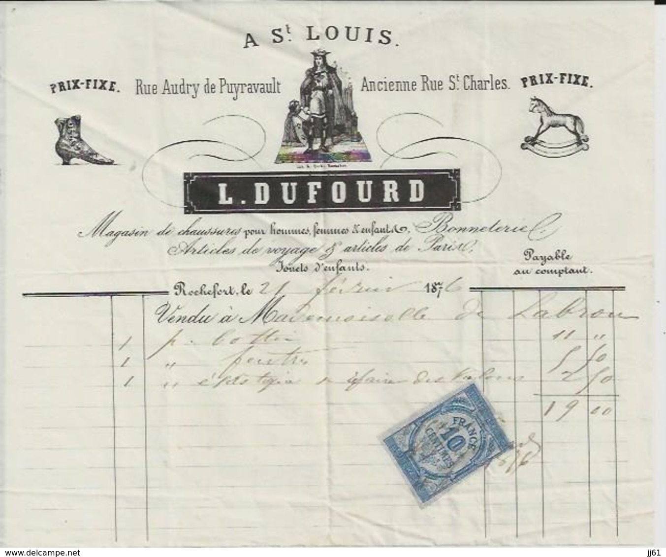 ROCHEFORT  L DUFOURD A ST LOUIS MAGASIN DE CHAUSSURES BONNETERIE JOUETS D ENFANTS ANNEE 1876 ENTETE CHEVAL - Autres & Non Classés