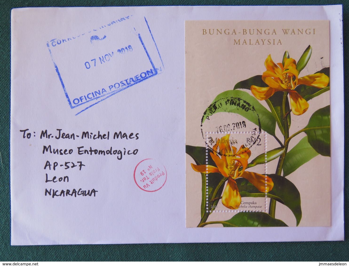 Malaysia 2018 Cover To Nicaragua - Flowers S.s. - Malaysia (1964-...)