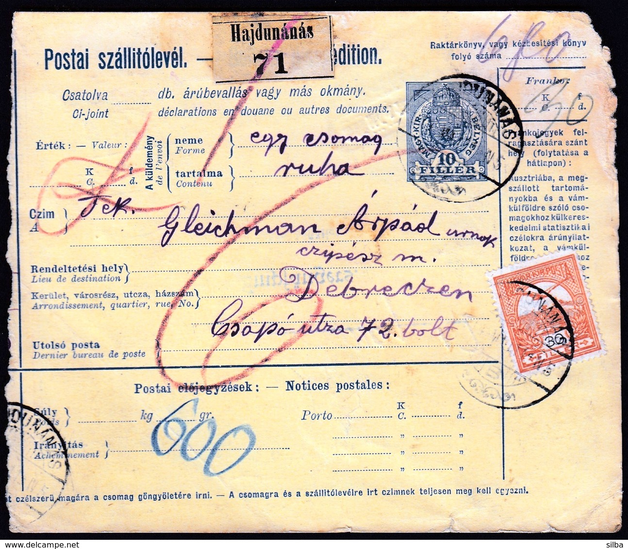 Hungary Hajdunanas 1914 / Parcel Post, Postai Szallitolevel, Bulletin D' Expedition / Debreczen - Parcel Post
