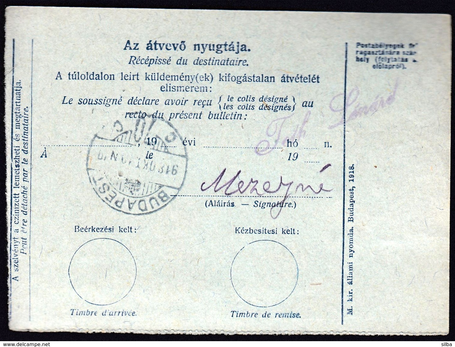 Hungary Arad 1918 / Parcel Post, Postai Szallitolevel, Bulletin D' Expedition / To Budapest - Parcel Post
