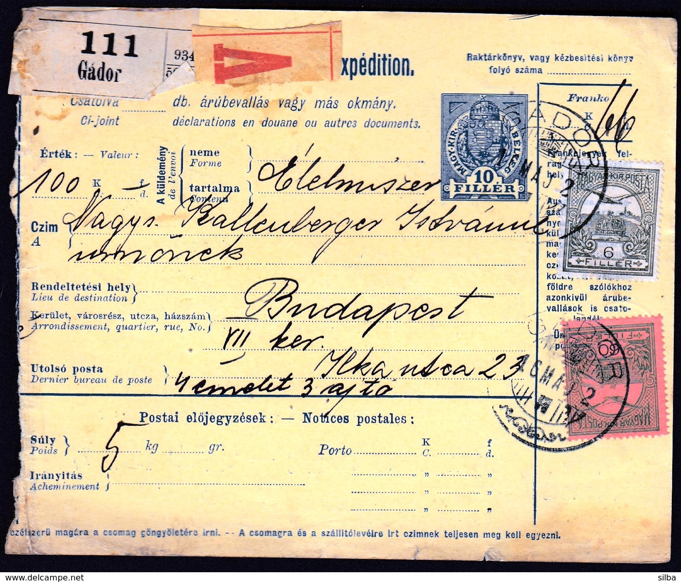 Hungary Gador 1916 / Parcel Post, Postai Szallitolevel, Bulletin D' Expedition / To Budapest - Parcel Post
