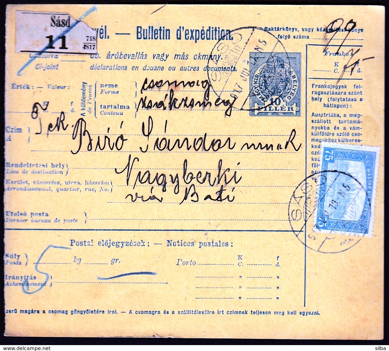 Hungary Sasd 1917 / Parcel Post, Postai Szallitolevel, Bulletin D' Expedition / To Mosdos - Pacchi Postali
