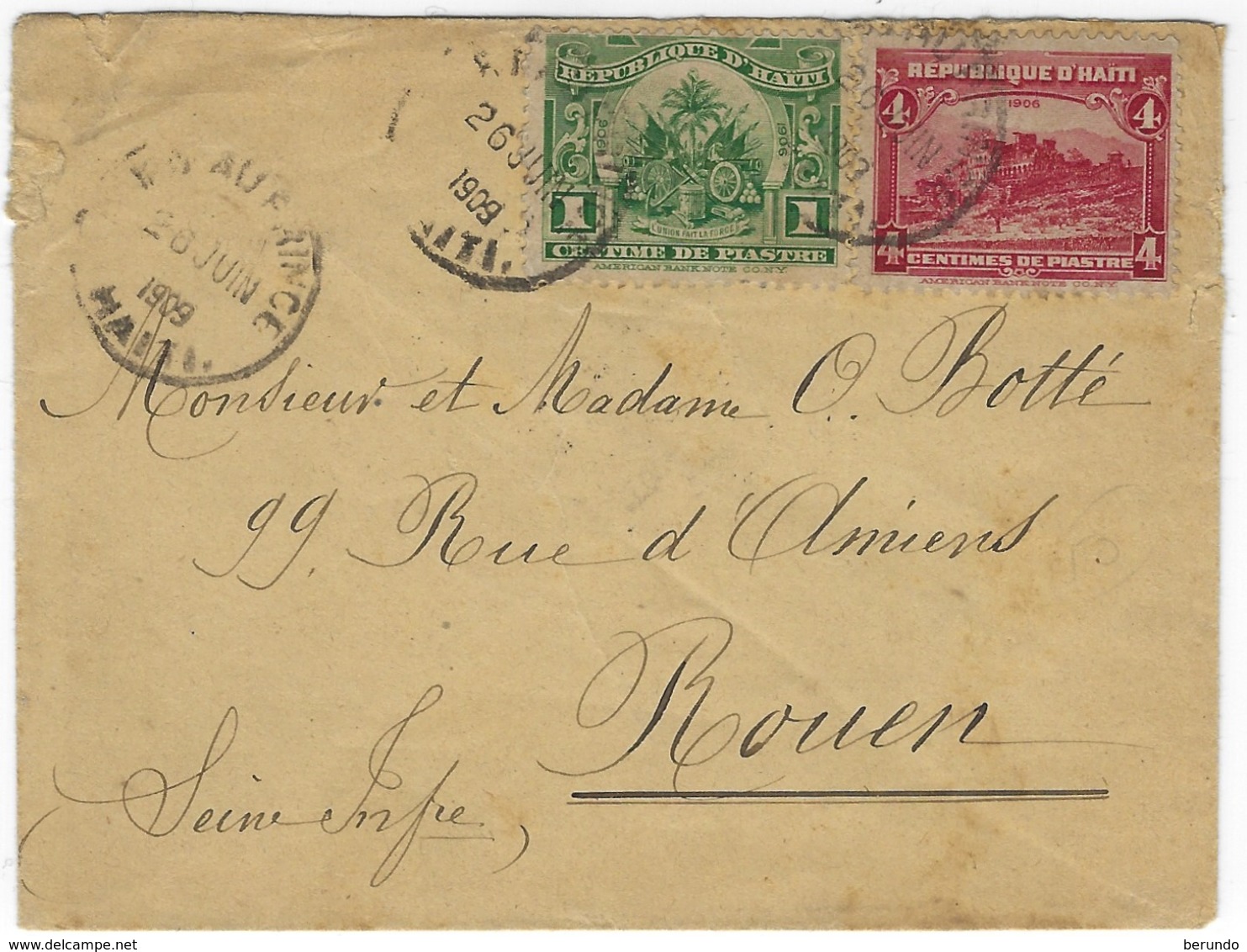 HAITI  -  Small Cover Posted Port Au Prince 26.6.1909 To Rouen, France - Michel # 104, 108 - 073 - Haiti