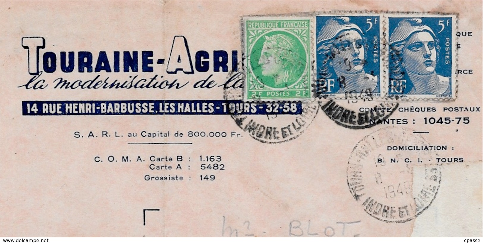 Timbres Postaux (Cérès De Mazelin + Marianne De Gandon) Sur Facture 37 TOURS (le Cachet De La Poste Faisant Foi...) - Lettres & Documents