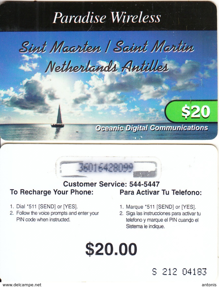 SAINT MARTIN - Paradise Wireless By ODC Recharge Card $20(large Thin CN), Used - Antille (Olandesi)