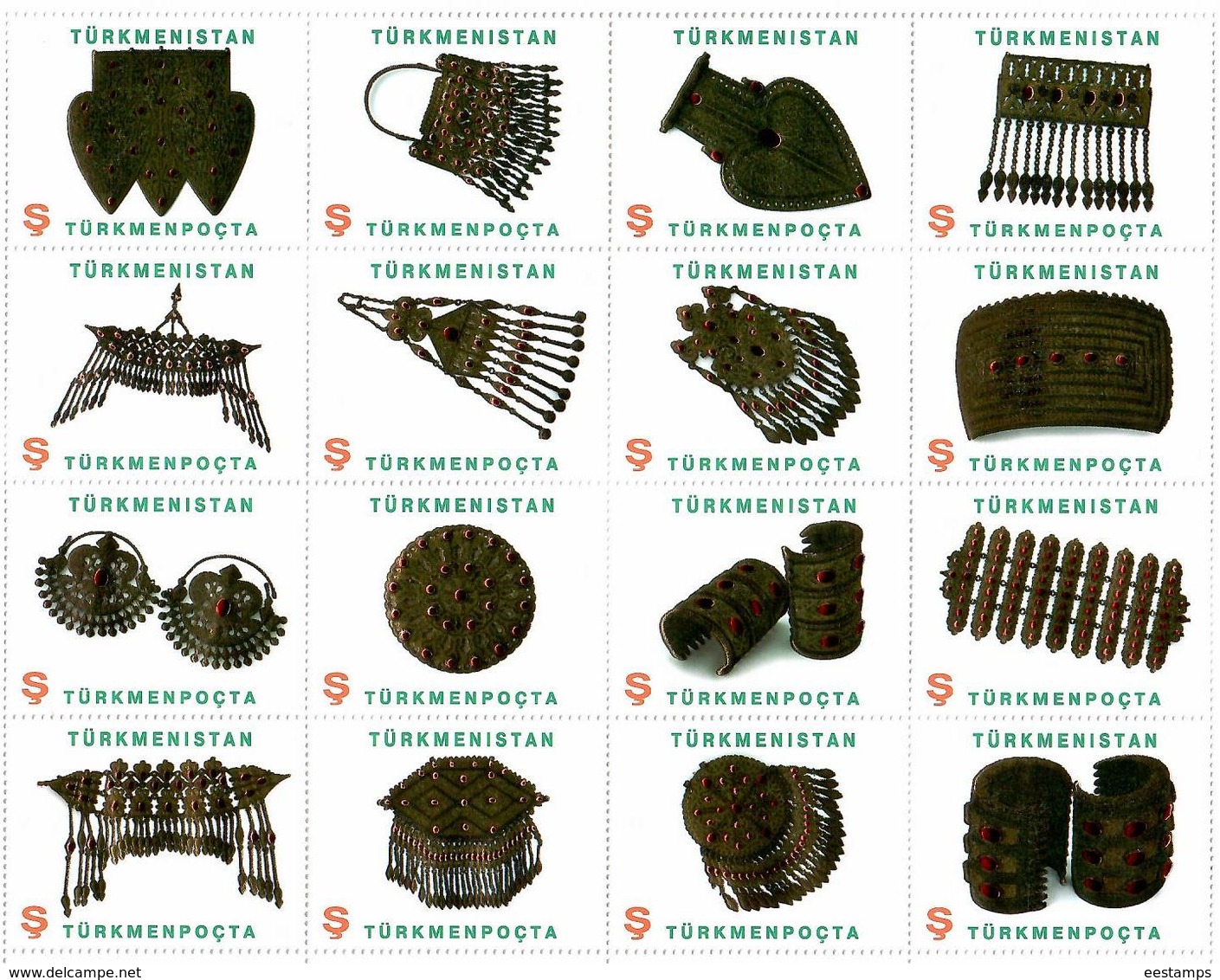 Turkmenistan.2014 Jewelry. M/S Of 16v X S .  Michel # 330-345 Zd. Bg. - Turkmenistan