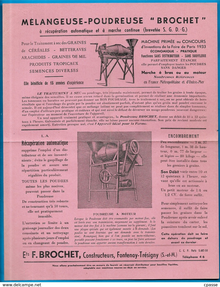 Document Publicitaire 77 FONTENAY-TRESIGNY Ets F. BROCHET Constructeurs AGRICULTURE Mélangeuse Poudreuse - Agriculture