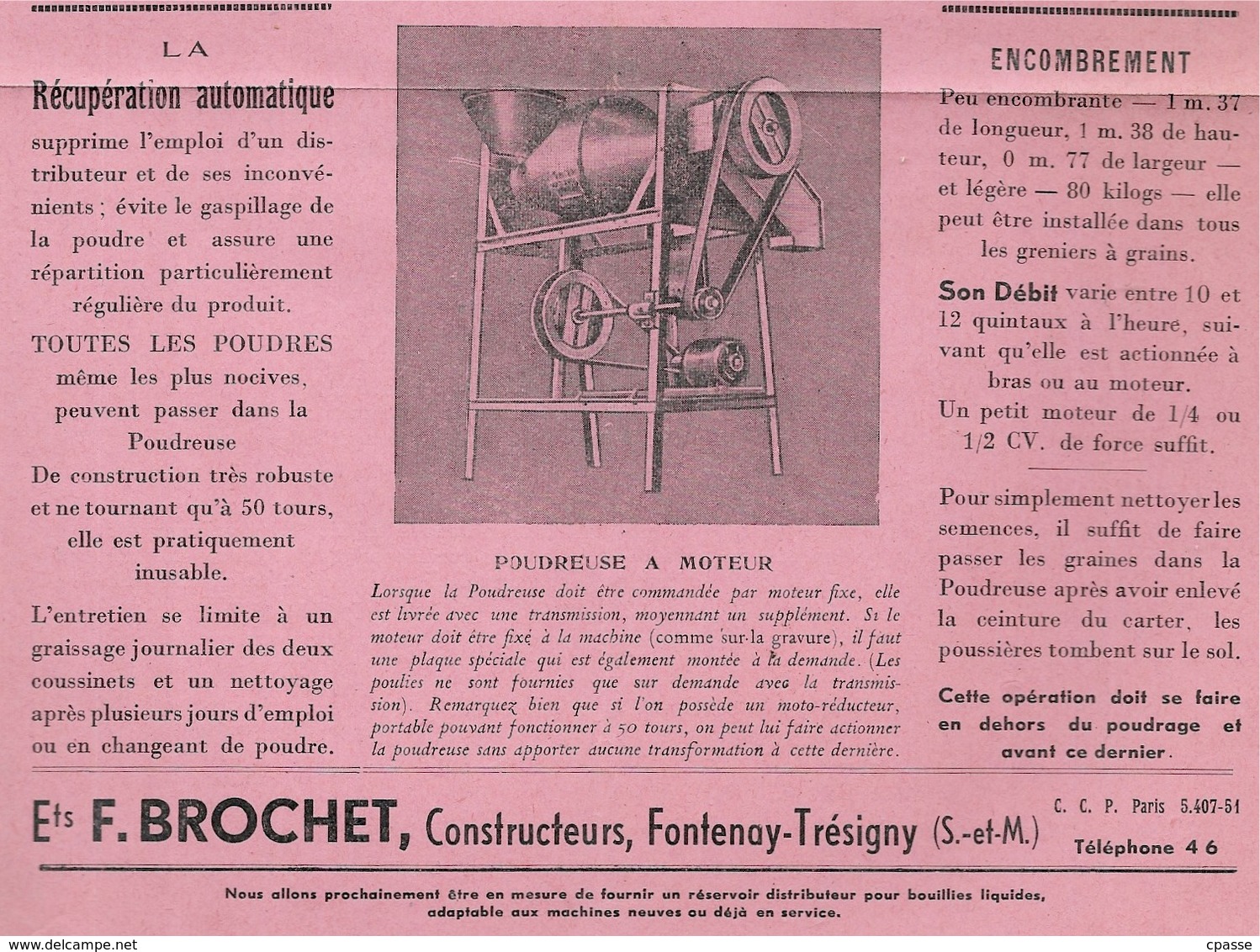 Document Publicitaire 77 FONTENAY-TRESIGNY Ets F. BROCHET Constructeurs AGRICULTURE Mélangeuse Poudreuse - Agriculture