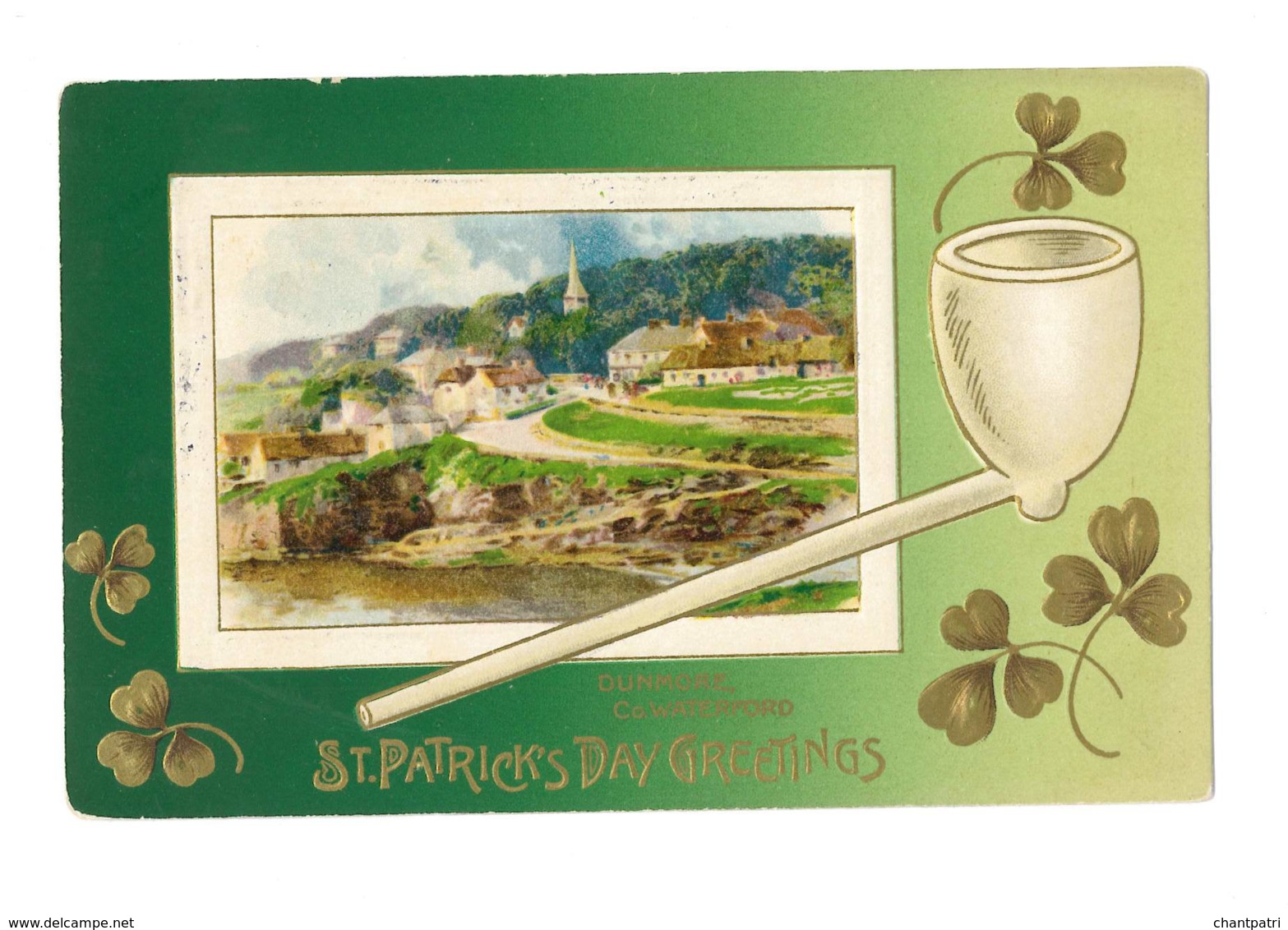St Patrick's Day Greetings - Dunmore Co Waterford - Pipe Et Trèfles - Gaufrée - Scan Recto/Verso - 6002 - Saint-Patrick's Day