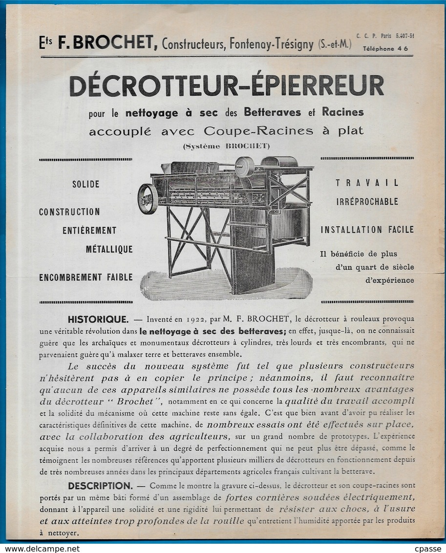 Document Publicitaire 77 FONTENAY-TRESIGNY Ets F. BROCHET Constructeurs AGRICULTURE Décrotteur-Epierreur - Agriculture