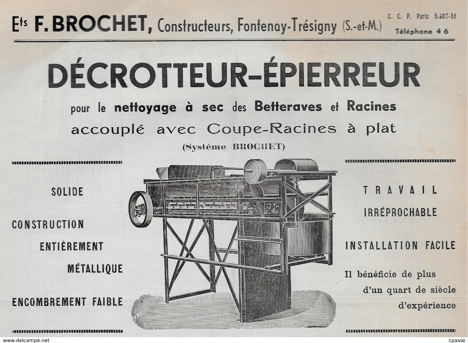 Document Publicitaire 77 FONTENAY-TRESIGNY Ets F. BROCHET Constructeurs AGRICULTURE Décrotteur-Epierreur - Agriculture