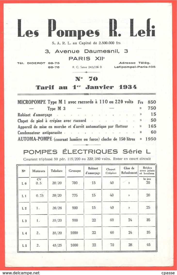 Document Tarif "Les POMPES R. LEFI" Avenue Daumesnil 75012 PARIS (Usine à 93 BAGNOLET) - Autres & Non Classés