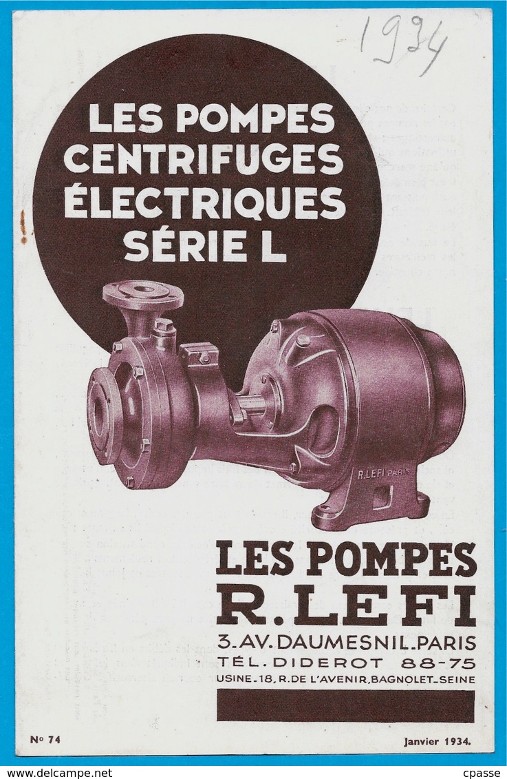 Document Publicitaire "Les POMPES CENTRIFUGES ELECTRIQUES" R. LEFI Avenue Daumesnil 75012 PARIS (Usine à 93 BAGNOLET) - Autres & Non Classés