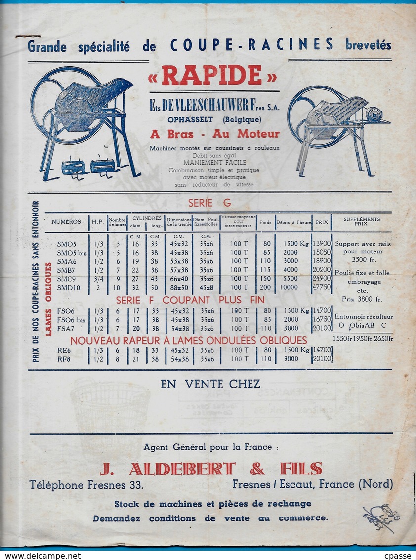 Tarif Illustré COUPE-RACINES "Rapide" Ets DE VLEESCHAUWER Frères S.A. OPHASSELT Belgique / J. ALDEBERT 59 Fresnes Escaut - Agriculture