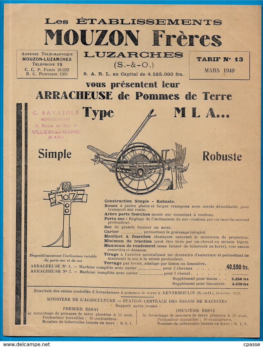 Document Publicitaire Tarif Etablissements MOUZON Frères 95 LUZARCHES - ARRACHEUSE De POMMES De TERRE ** Agriculture - Agriculture