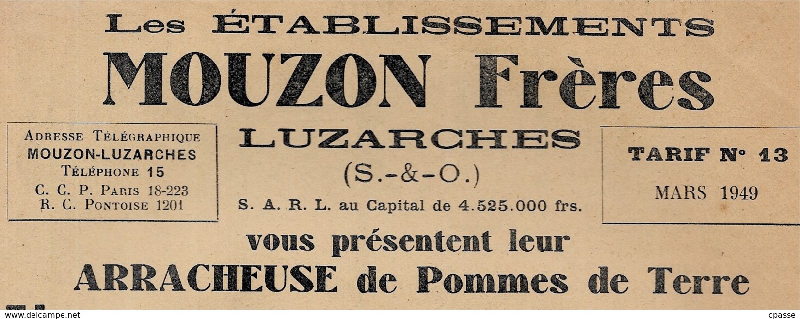 Document Publicitaire Tarif Etablissements MOUZON Frères 95 LUZARCHES - ARRACHEUSE De POMMES De TERRE ** Agriculture - Agriculture