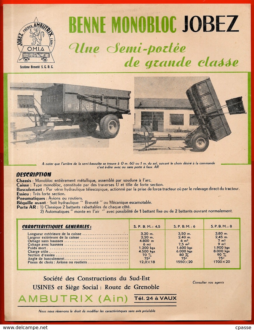 Document Technique Publicitaire "BENNE MONOBLOC JOBEZ" 01 AMBUTRIX Ain *** AGRICULTURE - Agriculture