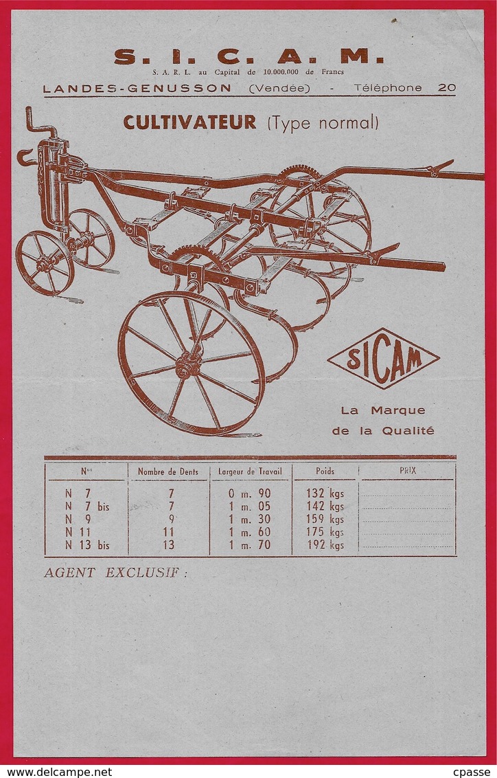 Document Technique Publicitaire "CULTIVATEUR" S.I.C.A.M. 85 LANDES-GENUSSON Vendée *** AGRICULTURE - Agriculture