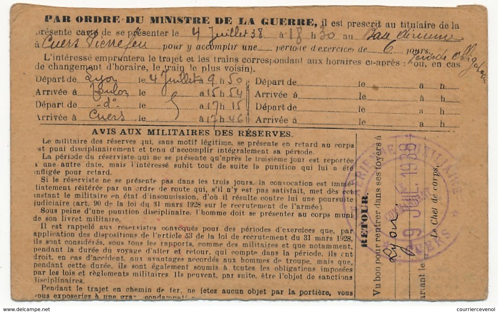 CPFM - Ordre De Convocation Sus Les Drapeaux, Griffe Linéaire "Base Aérienne De Romans" 1938 - Lettres & Documents